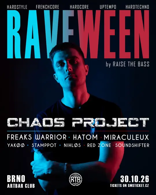RAVEWEEN w/ Chaos Project, poster, Friday, 30 October 2026, ARTBAR, Brno, Czech Republic, hardstyle, frenchcore, hardcore, uptempo, hardtechno